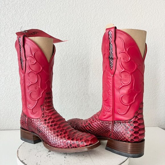 Rod Patrick Cowboy Boots Womens 10 AA Red Python Western Cowgirl Square Toe - Picture 1 of 12